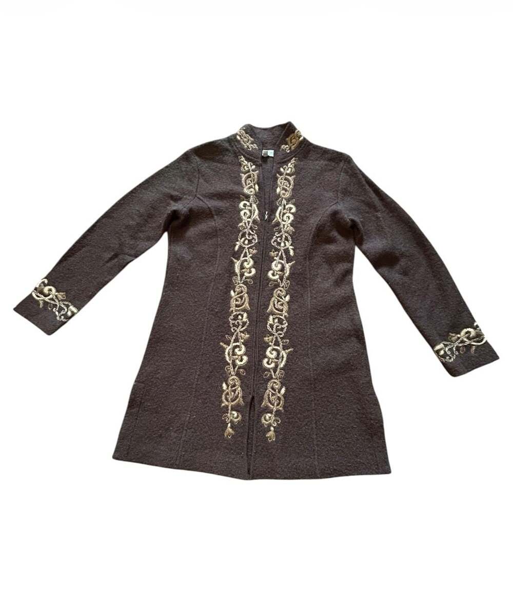 Coldwater Creek Brown Boiled Wool Blend Embroidered Zip Up Long Cardigan Jacket